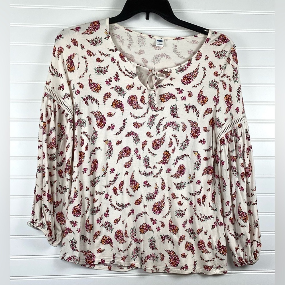 Old Navy relaxed boho tie-neck cream floral top women's size medium blouse